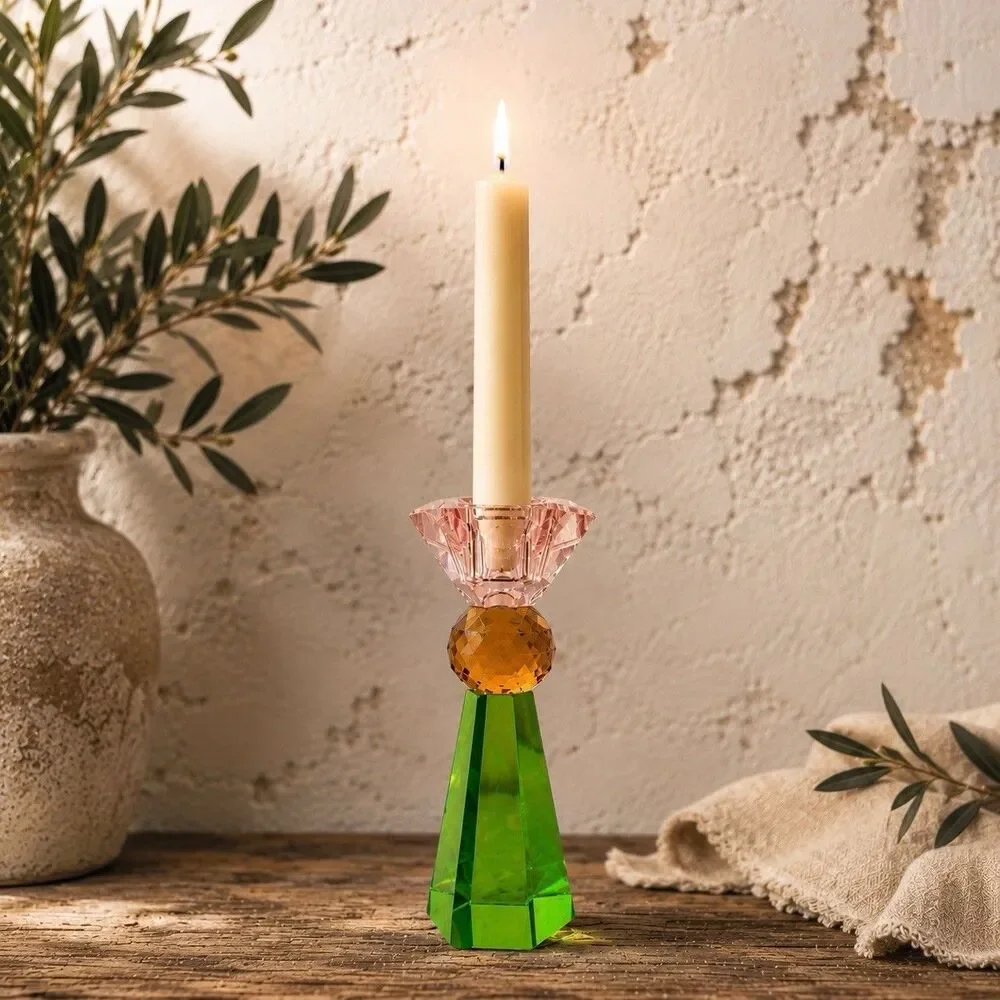 ALDI Kirkton House Glass Candle Holder Green‎ Pink Amber Faceted Crystal Decor